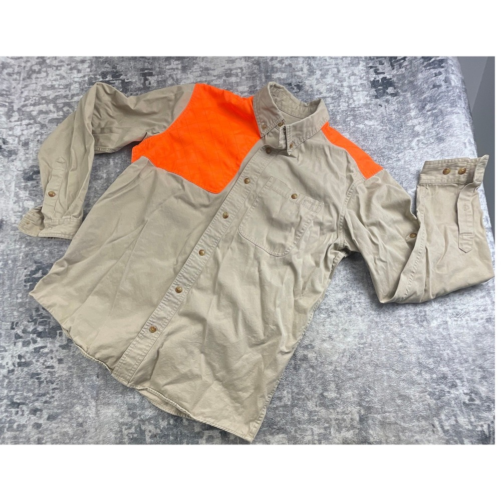 Orvis Mens Medium Hunting Shirt Khaki Orange Blaze Shooting Padded Shoulder